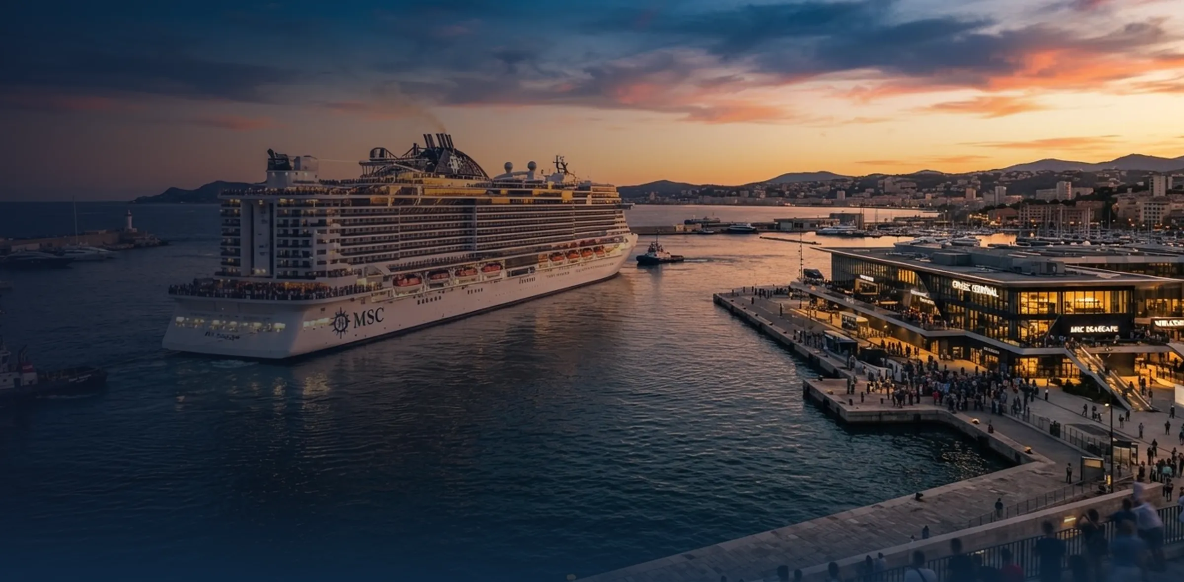 Cruise ship arriving at the cruise terminal at sunset